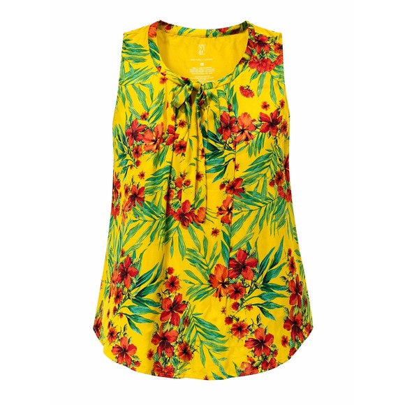 NY&Co Tops - NY&Co Sleeveless Blouse Womens XL Yellow Floral Tropical Tie Neck Lined